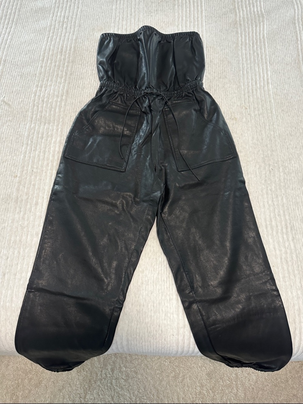 Kittenish Strapless Black Faux Leather satin Jumpsuit